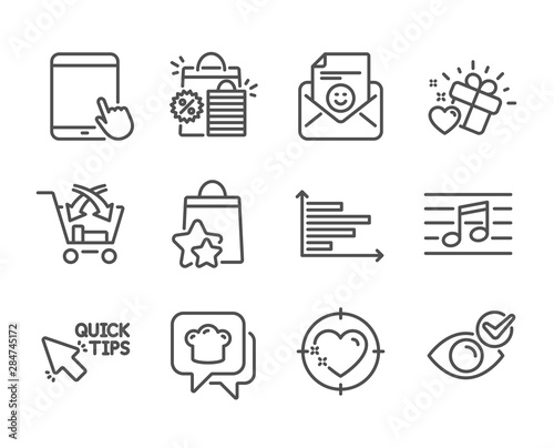 Set of Business icons, such as Tablet pc, Horizontal chart, Quick tips, Smile, Heart target, Cooking hat, Cross sell, Check eye, Loyalty points, Musical note, Shopping bags, Love gift. Vector