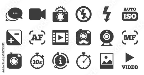 Set of Photo and Video icons. Information, chat bubble icon. Camera, timer and frame signs. No flash and Auto focus symbols. Quality set. Vector
