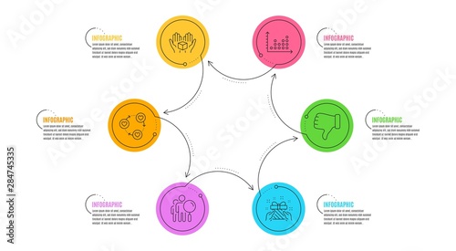 Dislike hand, Hold box and Friends community signs. Infographic timeline. Dot plot, Search people and Gift line icons set. Presentation graph, Find employee, Present. Thumbs down. Business set. Vector