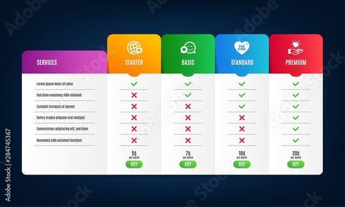 Dating, World brand and For ever icons simple set. Price list, pricing table. Hold heart sign. Love messenger, Love. Love set. Comparison vector table with price. Dating icon. Vector