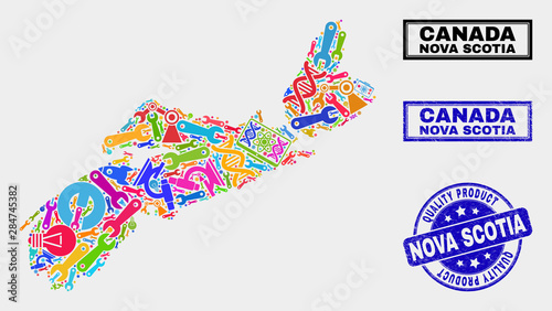 Vector combination of service Nova Scotia Province map and blue watermark for quality product. Nova Scotia Province map collage formed with equipment, wrenches, science symbols.