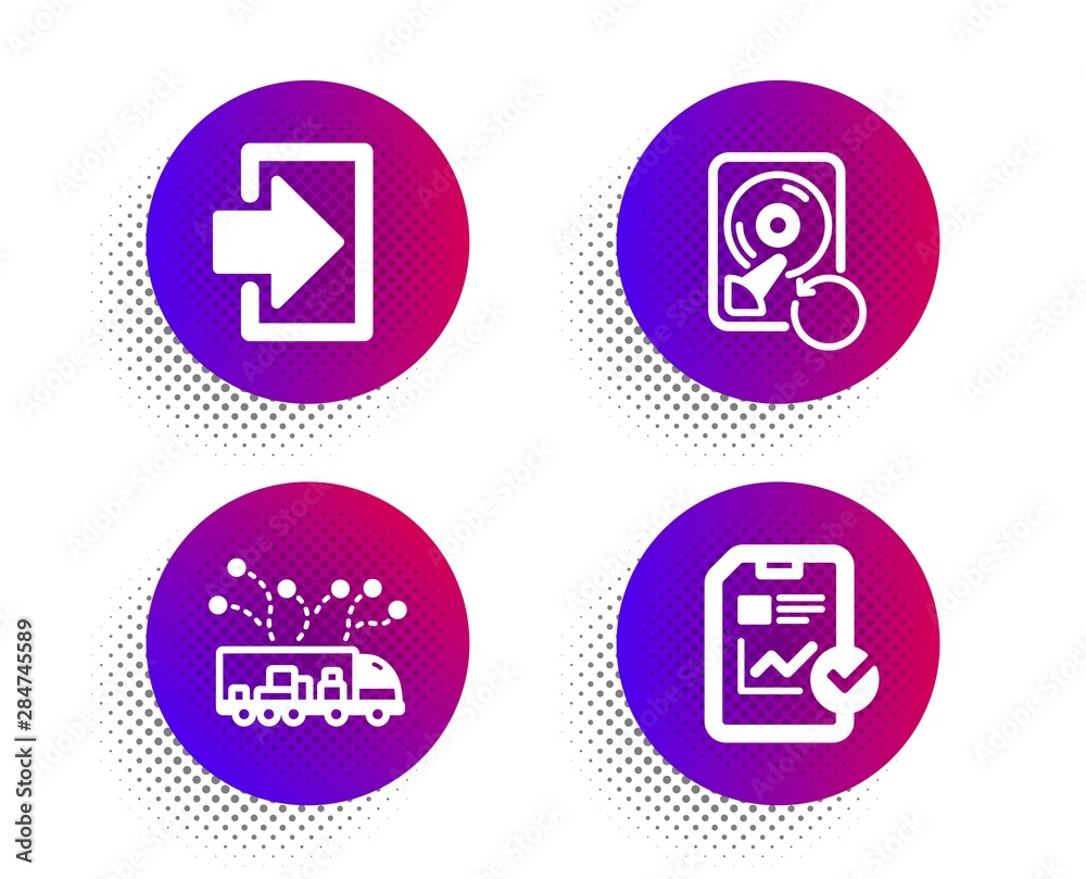 Truck delivery, Recovery hdd and Login icons simple set. Halftone dots button. Report checklist sign. Logistics, Backup info, Sign in. Sales growth file. Technology set. Vector Truck delivery, Recovery hdd and Login icons simple set. Halftone dots button. Report checklist sign. Logistics, Backup info, Sign in. Sales growth file. Technology set. Vector