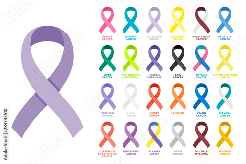 Awareness ribbons set. Different color ribbons on white background. All cancer colorful awareness bows. Collection, design element, sign, symbol, emblem, banner, poster. Vector illustration, flat.