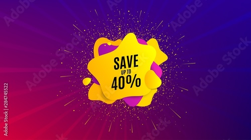 Save up to 40%. Dynamic text shape. Discount Sale offer price sign. Special offer symbol. Geometric vector banner. Discount text. Gradient shape badge. Colorful background. Vector