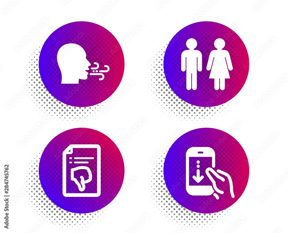 Restroom, Breathing exercise and Thumb down icons simple set. Halftone dots button. Scroll down sign. Wc toilet, Breath, Decline file. Swipe phone. People set. Classic flat restroom icon. Vector Restroom, Breathing exercise and Thumb down icons simple set. Halftone dots button. Scroll down sign. Wc toilet, Breath, Decline file. Swipe phone. People set. Classic flat restroom icon. Vector