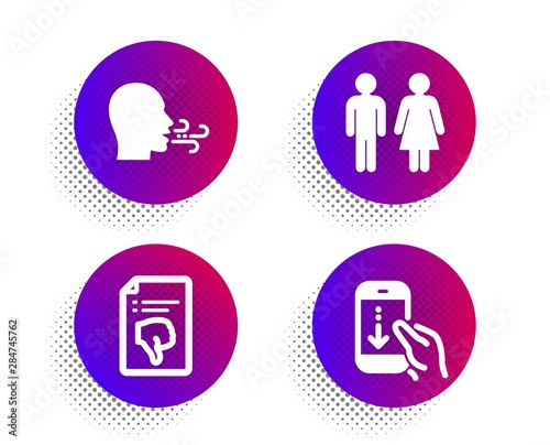 Restroom, Breathing exercise and Thumb down icons simple set. Halftone dots button. Scroll down sign. Wc toilet, Breath, Decline file. Swipe phone. People set. Classic flat restroom icon. Vector