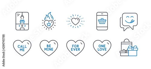 Set of Holidays icons, such as Heart flame, Crane claw machine, One love, Call me, Smartphone buying, Be mine, For ever, Heart, Yummy smile, Shopping line icons. Love fire, Attraction park. Vector