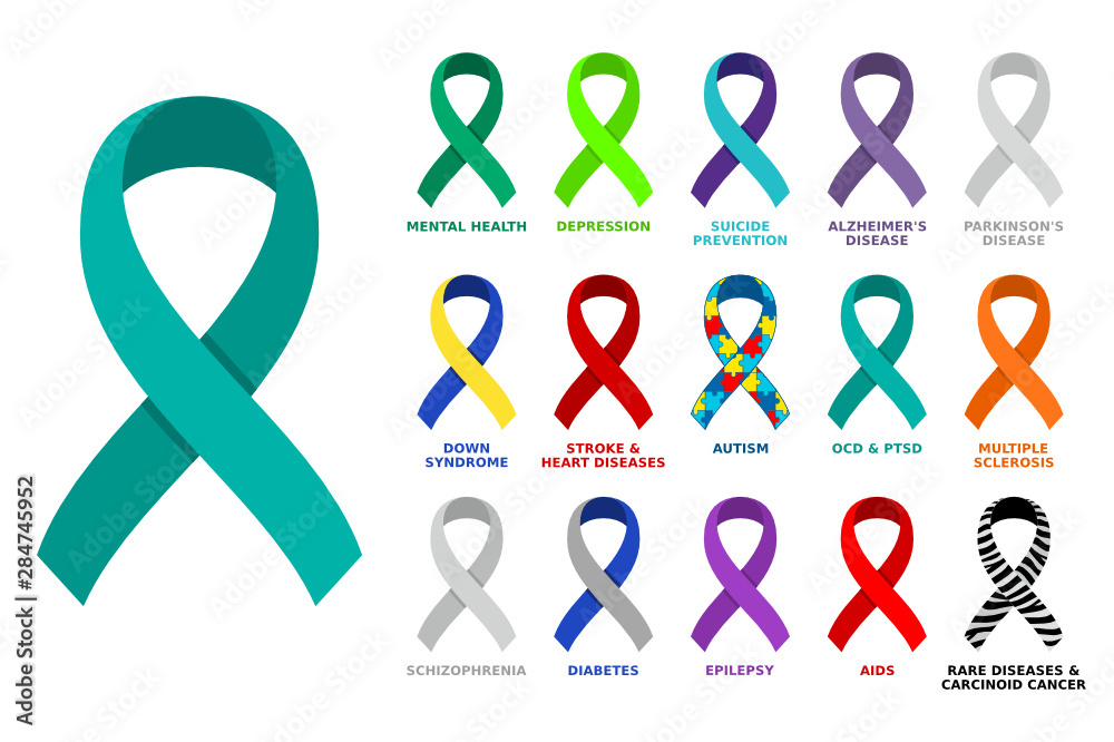 Vecteur Stock Different colored awareness ribbon collection. Set of  colorful awareness ribbons regarding mental health,heart diseases,autism,PTSD  and other conditions and disorders. Vector illustration, flat style. |  Adobe Stock