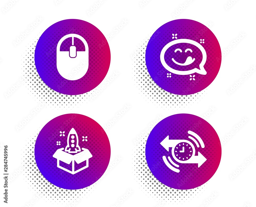 Computer mouse, Startup and Yummy smile icons simple set. Halftone dots button. Timer sign. Pc equipment, Innovation, Emoticon. Stopwatch. Technology set. Classic flat computer mouse icon. Vector Computer mouse, Startup and Yummy smile icons simple set. Halftone dots button. Timer sign. Pc equipment, Innovation, Emoticon. Stopwatch. Technology set. Classic flat computer mouse icon. Vector