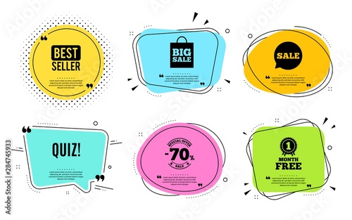 Quiz symbol. Best seller, quote text. Answer question sign. Examination test. Quotation bubble. Banner badge, texting quote boxes. Quiz text. Coupon offer. Vector