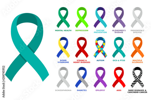 Different colored awareness ribbon collection. Set of colorful awareness ribbons regarding mental health,heart diseases,autism,PTSD and other conditions and disorders. Vector illustration, flat style. photo