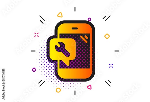 Phone repair service sign. Halftone circles pattern. Spanner tool icon. Fix instruments symbol. Classic flat phone repair icon. Vector