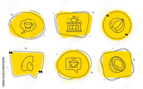 Peanut, Coconut signs. Chat bubbles. Coffee, Coffee cup and Hazelnut line icons set. Cafe, Think bubble, Vegetarian nut. Tea house. Food and drink set. Line coffee icon. Speech bubble quote. Vector