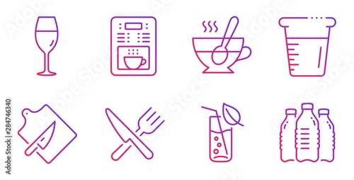 Wineglass, Coffee maker and Cutting board line icons set. Tea cup, Food and Water glass signs. Cooking beaker, Water bottles symbols. Burgundy glass, Tea machine. Food and drink set. Vector