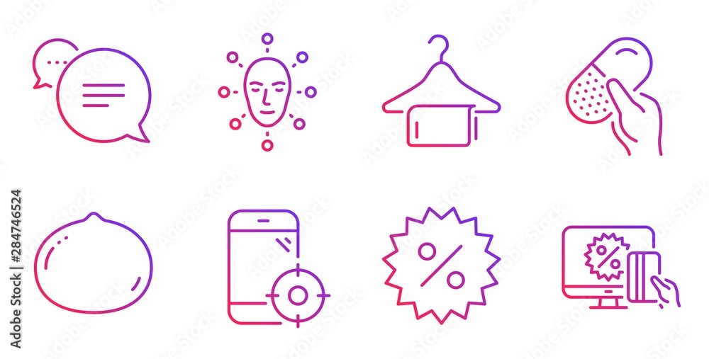 Clean towel, Text message and Face biometrics line icons set. Seo phone, Discount and Capsule pill signs. Macadamia nut, Online shopping symbols. Laundry hanger, Chat bubble. Business set. Vector Clean towel, Text message and Face biometrics line icons set. Seo phone, Discount and Capsule pill signs. Macadamia nut, Online shopping symbols. Laundry hanger, Chat bubble. Business set. Vector
