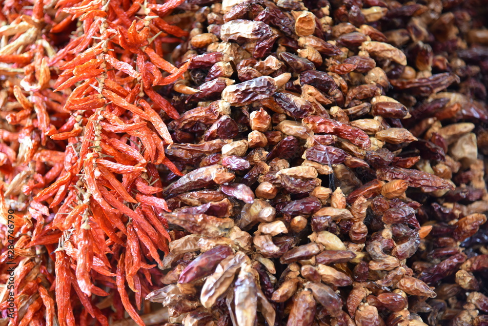 Dried small red peppers on the farmers market in Funchal, Madeira Island.  