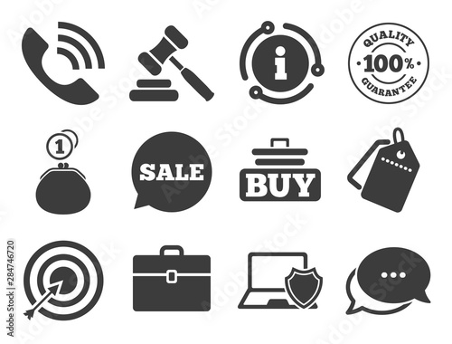 Auction, phone call and sale signs. Discount offer tag, chat, info icon. Online shopping, e-commerce and business icons. Cash money, case and target symbols. Classic style signs set. Vector