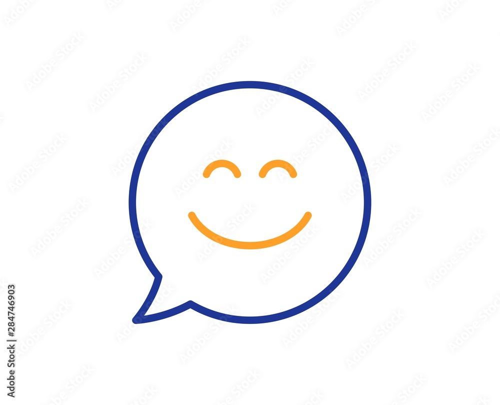 Happy emoticon sign. Smile chat line icon. Speech bubble symbol. Colorful outline concept. Blue and orange thin line smile chat icon. Vector Happy emoticon sign. Smile chat line icon. Speech bubble symbol. Colorful outline concept. Blue and orange thin line smile chat icon. Vector