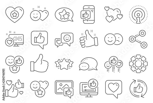 Social media line icons. Set - Share network, Social links and Rating linear icons. Heart, Feedback smile emotion and internet media. Share network, like icon, video content rating and dislike. Vector