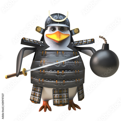 3d funny cartoon penguin samurai warrior character holding a sword and gunpowder bomb, 3d illustration