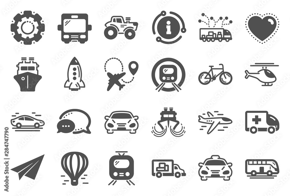 Fototapeta Transport icons. Taxi, Helicopter and subway train icons. Truck car, Tram and Air balloon transport. Bike, Airport airplane and Ship, subway. Travel bus, ambulance car, paper airplane. Vector