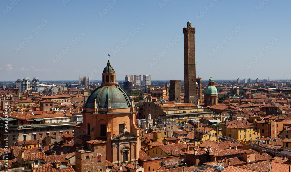 Panoramic view of the old medieval town center of Bologna. Cityscape from the panoramic terrace of San Petronio. Bologna, Emilia-Romagna, Italy.