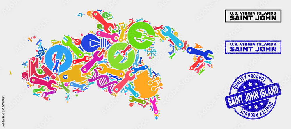 Vector composition of service Saint John Island map and blue seal for quality product. Saint John Island map collage constructed with equipment, wrenches, industry symbols.
