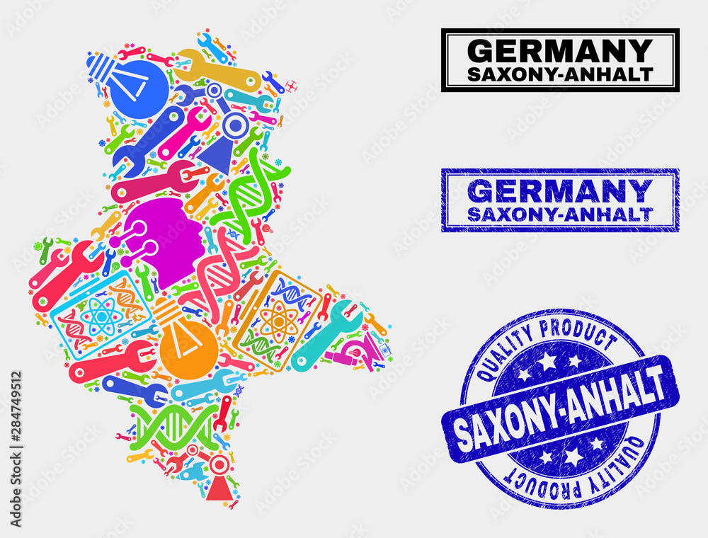 Vector collage of technology Saxony-Anhalt Land map and blue stamp for quality product. Saxony-Anhalt Land map collage composed with tools, spanners, science symbols.