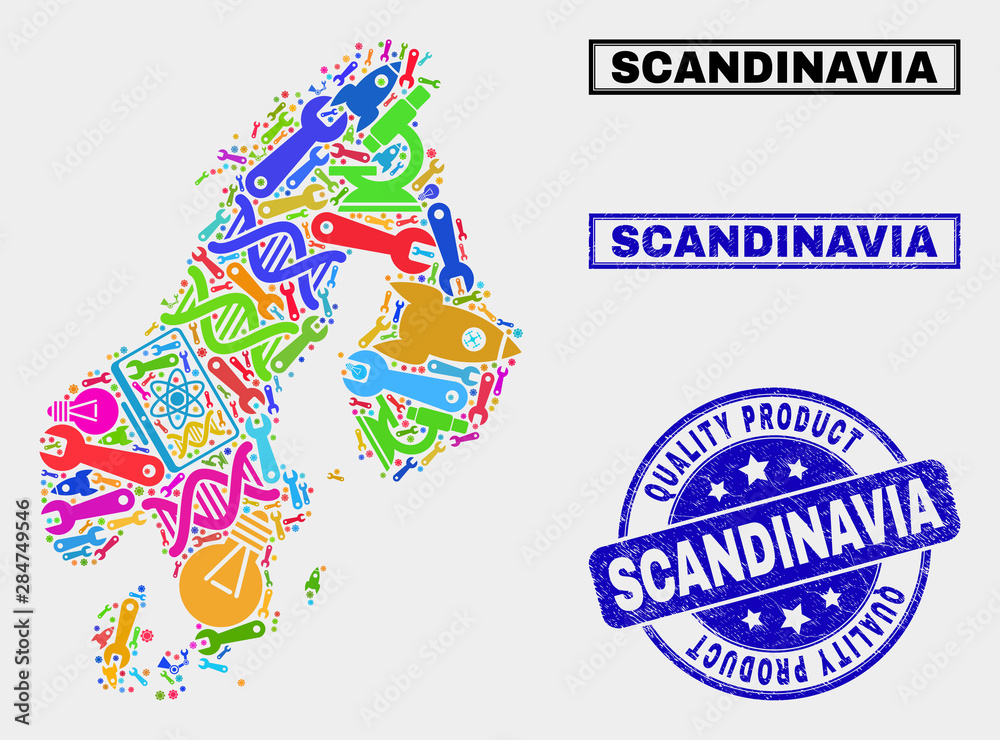 Vector collage of service Scandinavia map and blue stamp for quality product. Scandinavia map collage made with equipment, spanners, science symbols.