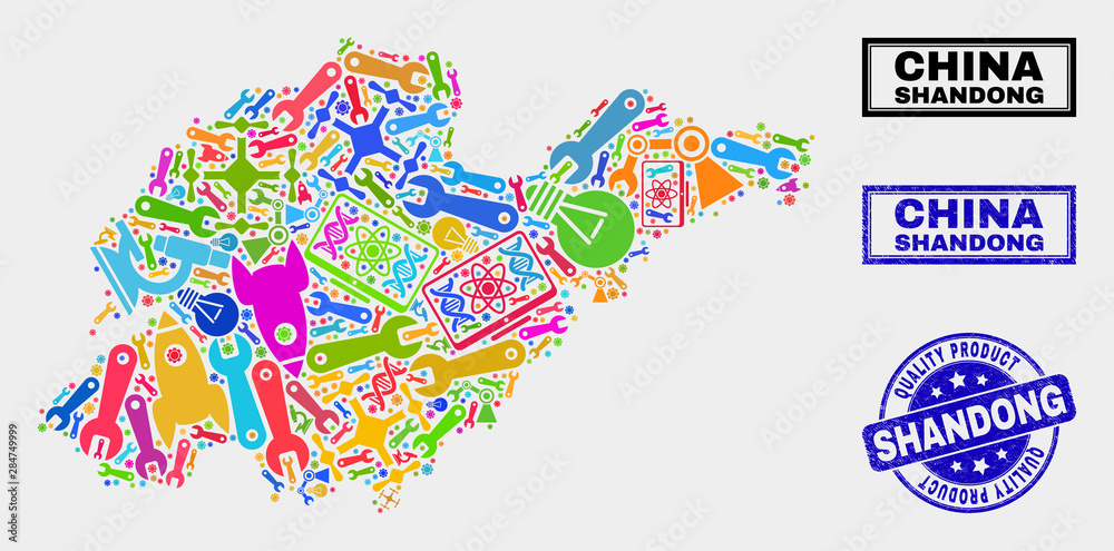 Vector composition of service Shandong Province map and blue watermark for quality product. Shandong Province map collage designed with equipment, spanners, production icons.