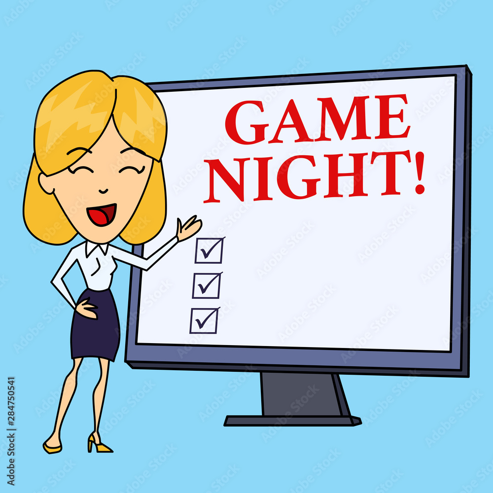 Writing note showing Game Night. Business concept for usually its called on adult play dates like poker with friends White Female in Standing Pointing Blank Screen Whiteboard Presentation Writing note showing Game Night. Business concept for usually its called on adult play dates like poker with friends White Female in Standing Pointing Blank Screen Whiteboard Presentation
