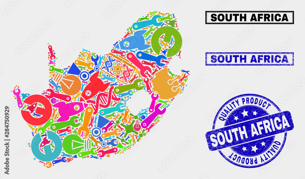 Vector collage of service South African Republic map and blue watermark for quality product. South African Republic map collage composed with tools, wrenches, production symbols.
