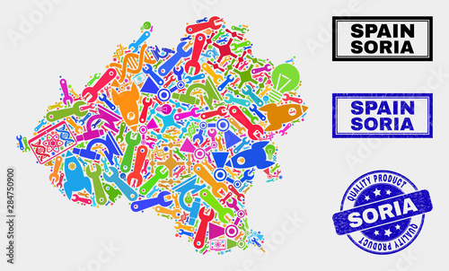 Vector collage of service Soria Province map and blue watermark for quality product. Soria Province map collage made with equipment, wrenches, science icons.