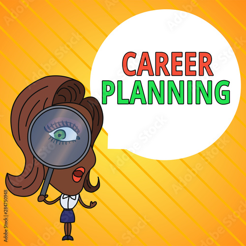 Text sign showing Career Planning. Business photo text Strategically plan your career goals and work success Woman Looking Trough Magnifying Glass Big Eye Blank Round Speech Bubble
