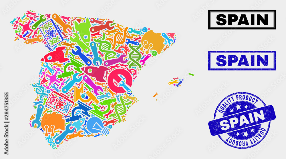 Vector collage of service Spain map and blue seal for quality product. Spain map collage composed with equipment, wrenches, science symbols. Vector abstract collage of Spain map for service business, Vector collage of service Spain map and blue seal for quality product. Spain map collage composed with equipment, wrenches, science symbols. Vector abstract collage of Spain map for service business,