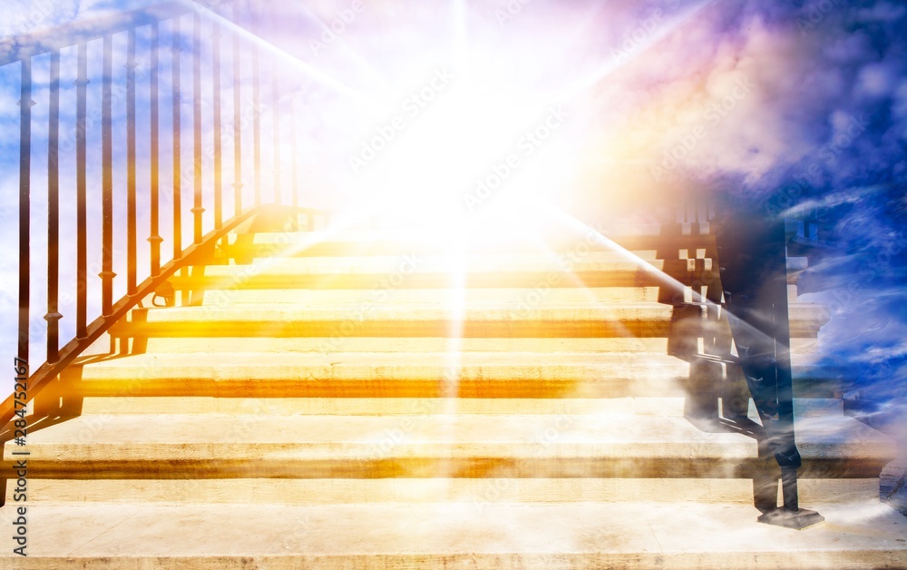 Steps leading up to the sun. Way to God . bright light from heaven .  Religious background . Beautiful sky . Sunrise . Light from sky Stock Photo  | Adobe Stock