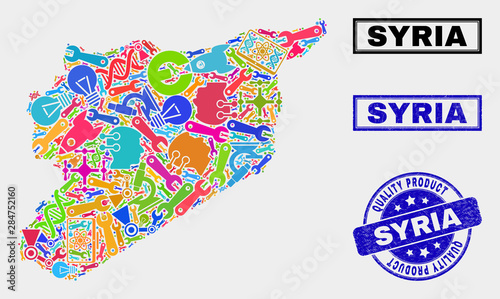 Vector collage of technology Syria map and blue seal for quality product. Syria map collage composed with equipment, wrenches, industry icons.
