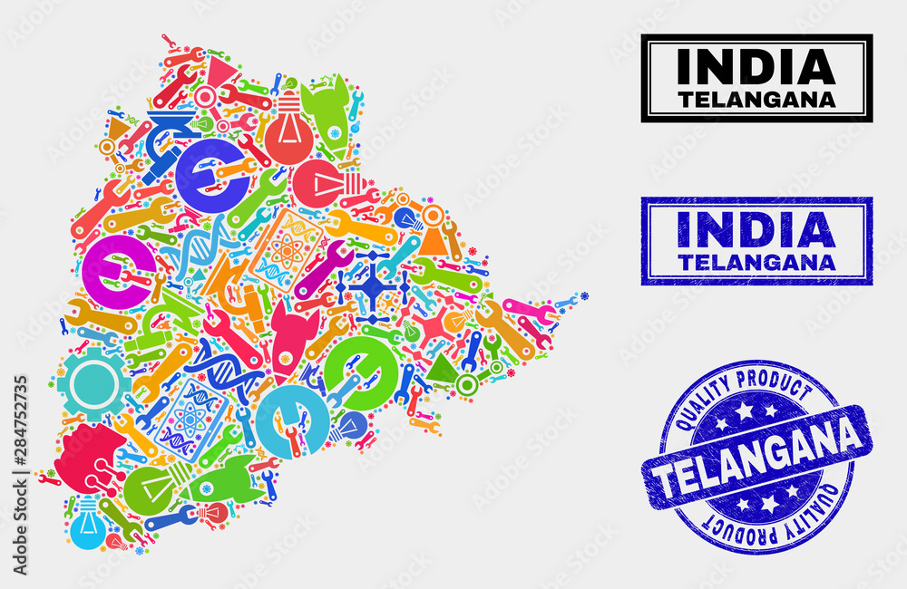 Vector collage of service Telangana State map and blue stamp for quality product. Telangana State map collage composed with tools, wrenches, industry symbols.