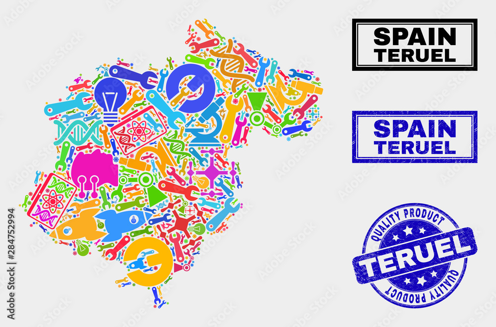 Vector collage of service Teruel Province map and blue seal stamp for quality product. Teruel Province map collage composed with tools, spanners, industry icons.