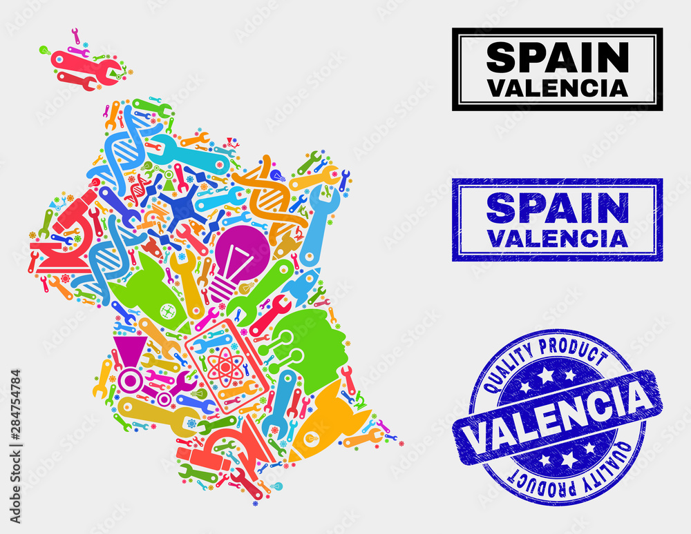 Vector collage of service Valencia Province map and blue watermark for quality product. Valencia Province map collage composed with tools, spanners, industry icons.