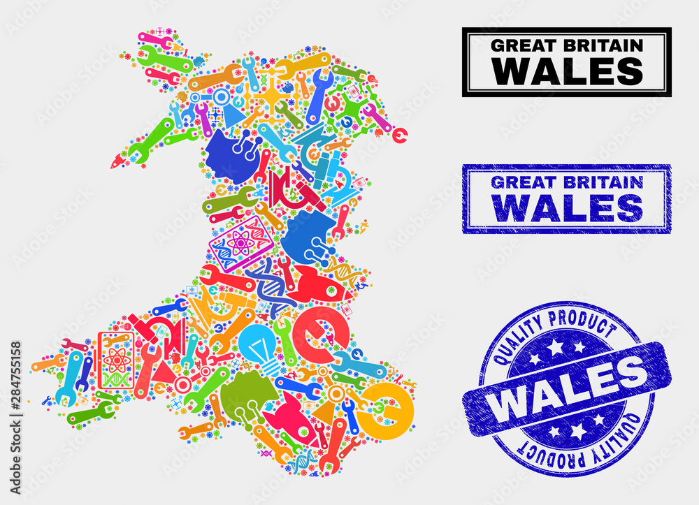 Vector combination of service Wales map and blue seal stamp for quality product. Wales map collage designed with tools, spanners, production icons.