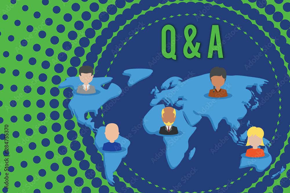 Fototapeta premium Word writing text Q And A. Business photo showcasing a period of time or an occasion when someone answers questions Connection multiethnic persons all over world. Global business earth map