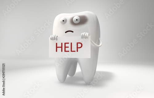 3D illustration A sick tooth feels unwell and holds a help sign. Funny 3d characters