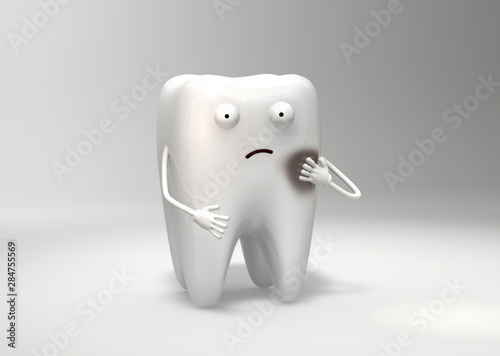 3D illustration Sick tooth feels and worries. Funny 3d characters