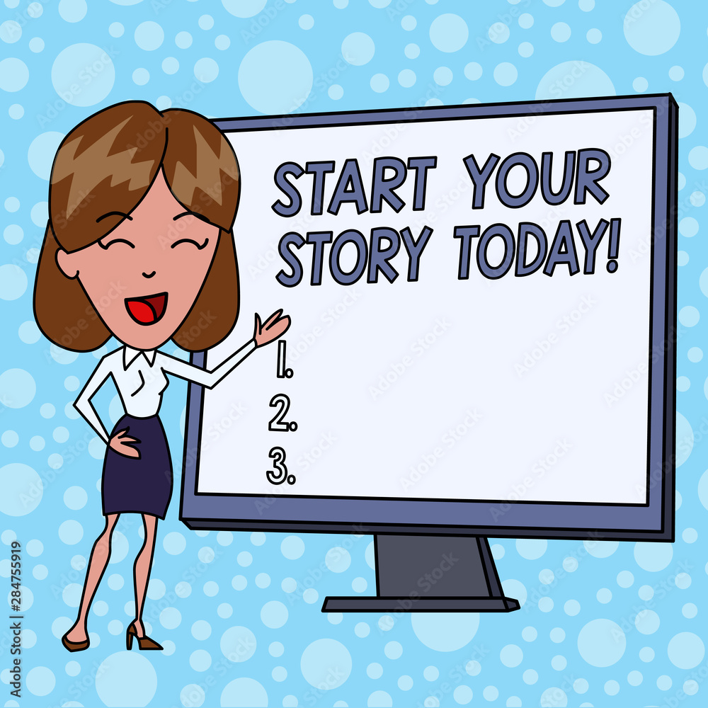 Writing note showing Start Your Story Today. Business concept for work hard on yourself and begin from this moment White Female in Standing Pointing Blank Screen Whiteboard Presentation Writing note showing Start Your Story Today. Business concept for work hard on yourself and begin from this moment White Female in Standing Pointing Blank Screen Whiteboard Presentation