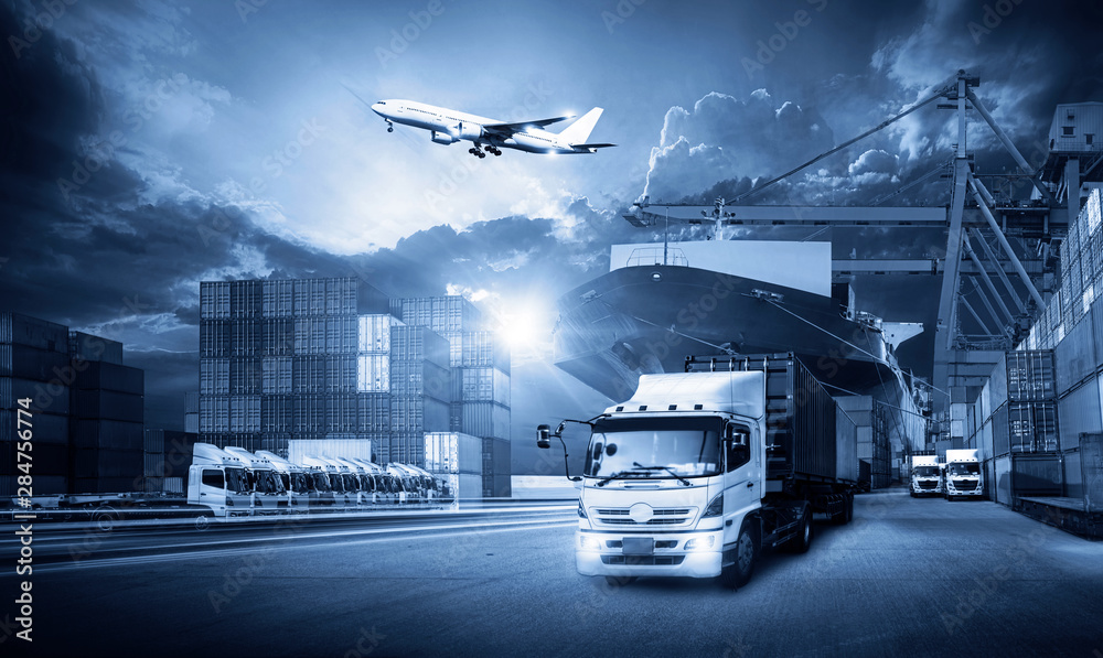Logistics import export background and transport industry of Container  Cargo freight ship and Cargo plane background, Truck transport container on  the road to the port Stock Photo | Adobe Stock