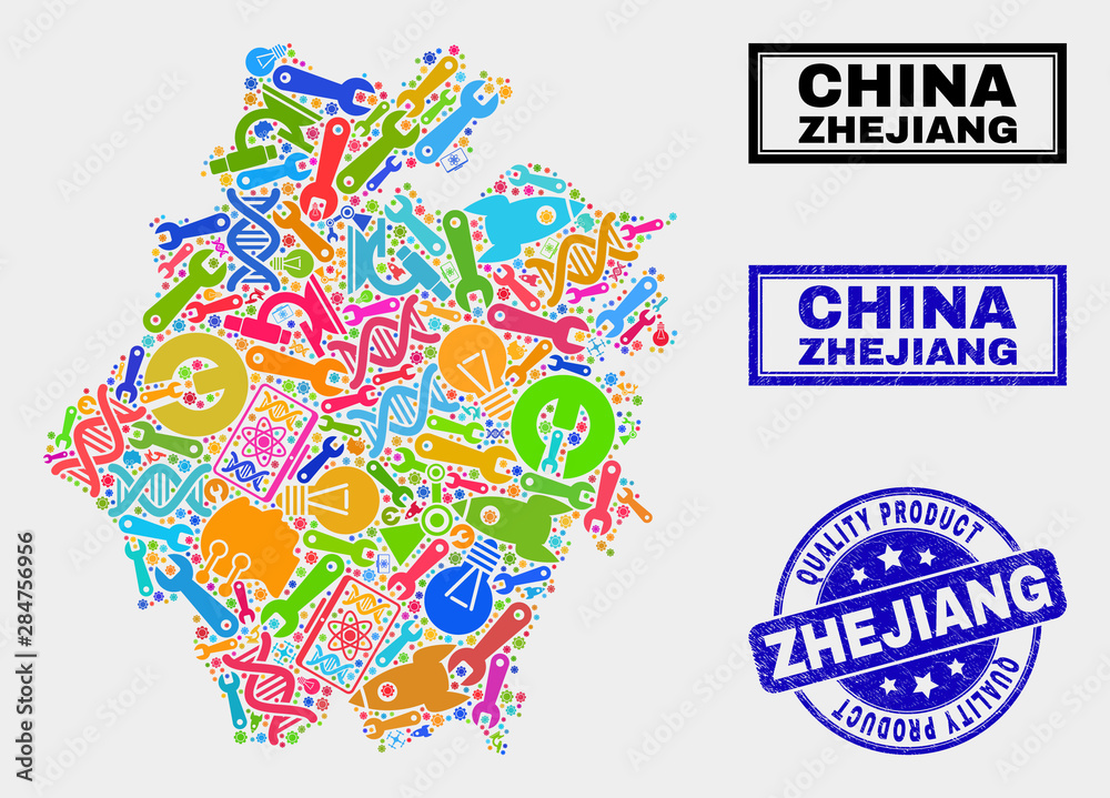 Vector collage of tools Zhejiang Province map and blue seal stamp for quality product. Zhejiang Province map collage designed with tools, spanners, production symbols.