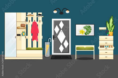 Vector Flat home Interior, Hallway with Furniture. Cozy Antechamber with Modern Cabinet for Outwear, Shoe Rack, Basket with Umbrella, House Plants, Wall Picture and Keys. Illustration of Home Related