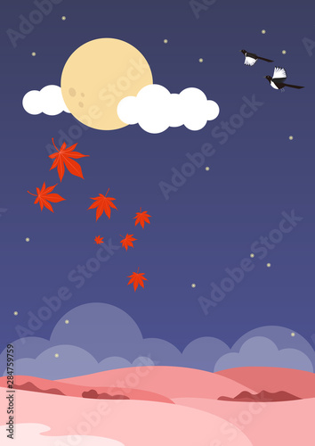 Landscape vector illustration. Autumn field  maple leaves and full moon.