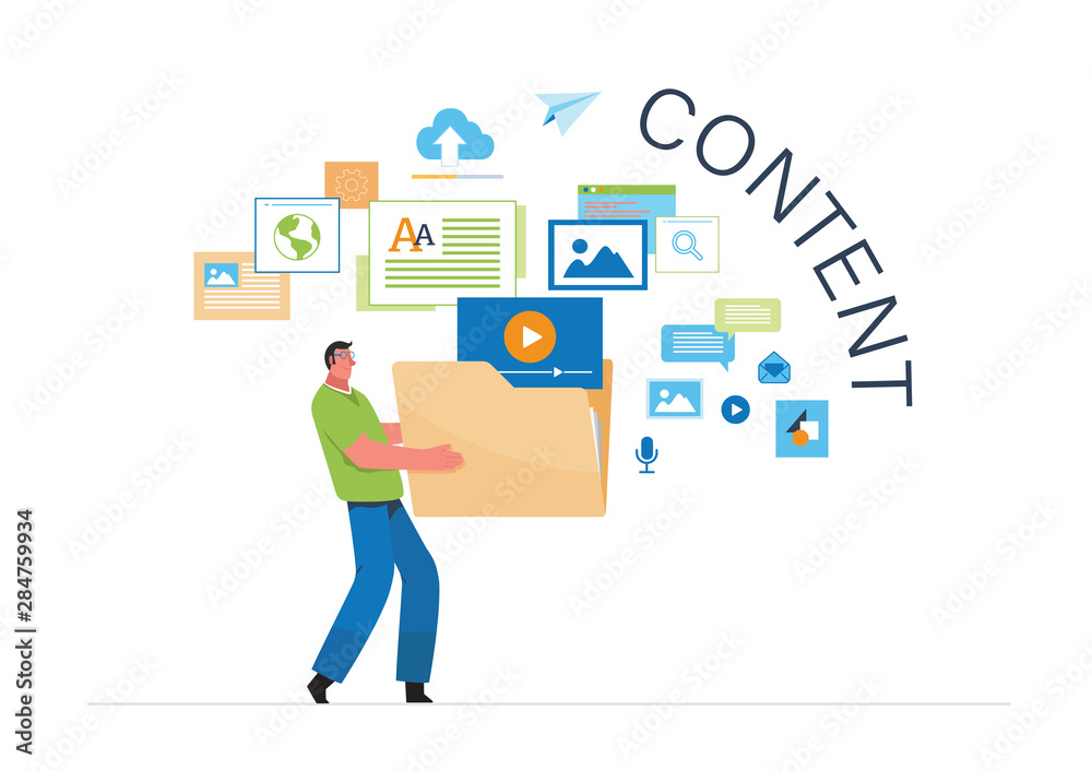 Engaging Content, Blogging, Blogger. Freelance. Marketing content. Creative writing. Copy writer. Content management. Flat cartoon miniature  illustration vector graphic on white background.